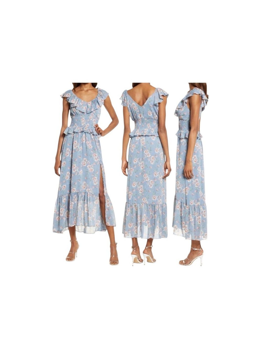 Floret Studio Blue Floral Print Luna Midi Dress Ruffled Smoked Waist Medium
